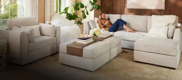 Woman on a Lovesac Sectional Couch